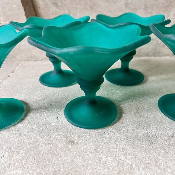 Fidenza Vintage 1960s Glass Dessert Ice Cream Coupes Cups Teal Frosted x5 Italy - Picture 2 of 5